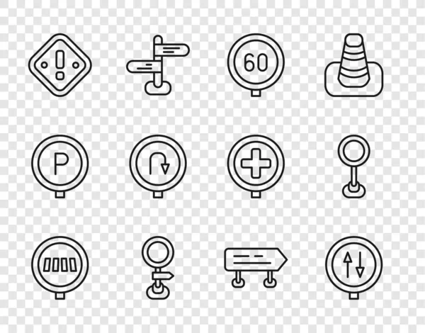 Set line Pedestrian crosswalk, Road warning two way traffic, Speed limit, sign, Exclamation mark triangle, Turn back road, and icon. Vector — Vetor de Stock