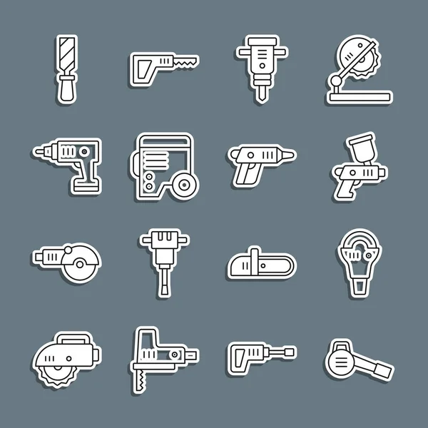 Set line Leaf garden blower, Angle grinder, Paint spray gun, Construction jackhammer, Power electric generator, Electric cordless screwdriver, Rasp metal file and icon. Vector — Stock Vector