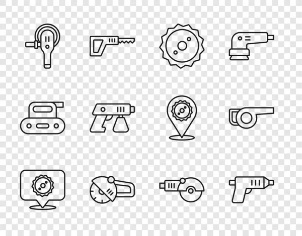 Set line Circular saw blade, Electric cordless screwdriver, Angle grinder, Paint spray gun, and Leaf garden blower icon. Vector —  Vetores de Stock