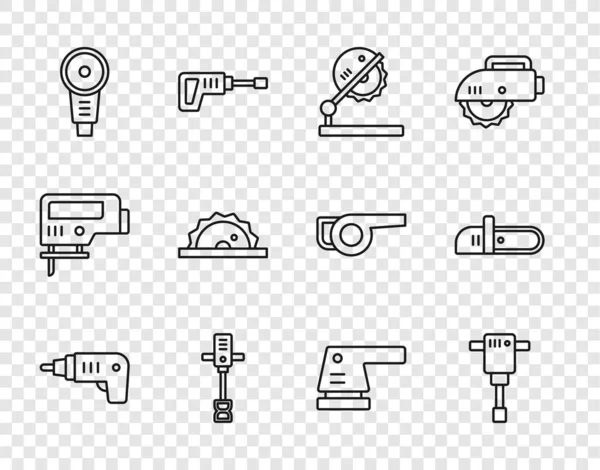 Set line Electric cordless screwdriver, Construction jackhammer, Table saw for woodwork, Electrical hand concrete mixer, Angle grinder, circular, sander and Chainsaw icon. Vector — Image vectorielle