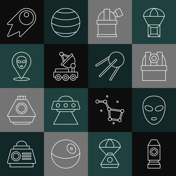 Set line Rocket ship, Alien, Astronomical observatory, Mars rover, Comet falling down fast and Satellite icon. Vector — 스톡 벡터
