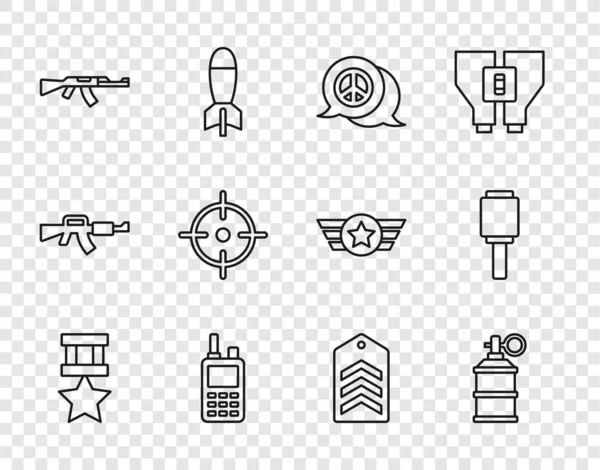 Set line Military reward medal, Hand smoke grenade, Peace, Walkie talkie, Submachine gun, Target sport, Chevron and Anti-tank hand icon. Vector — стоковый вектор