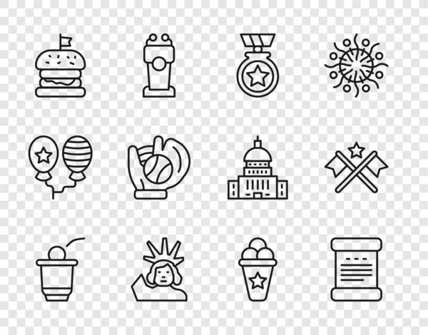 Set line Beer pong game, Declaration of independence, Medal with star, Statue Liberty, Burger, Baseball glove ball, Ice cream waffle cone and American flag icon. Vector — Vector de stock