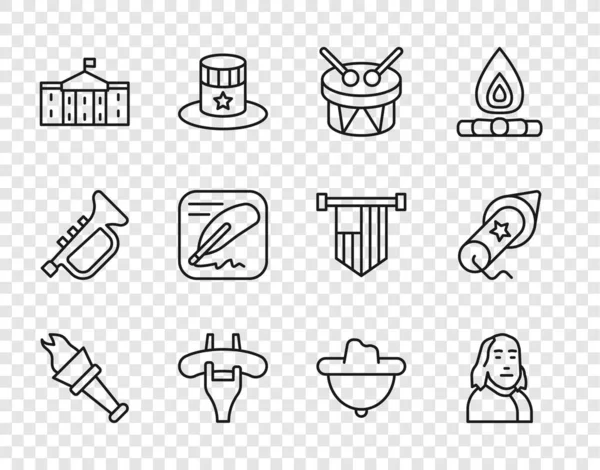 Set line Torch flame, Benjamin Franklin, Drum and drum sticks, Sausage on the fork, United States Capitol Congress, Declaration of independence, Western cowboy hat and Firework icon. Vector — стоковый вектор