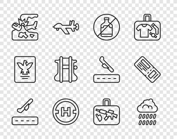 Set line Plane takeoff, Cloud with rain, No alcohol, Helicopter landing pad, crash, Parachute, Suitcase and Airline ticket icon. Vector — Stock Vector
