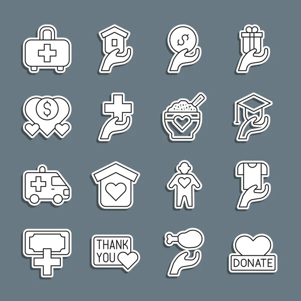 Set line Donation and charity, Clothes donation, Education grant, Heart with cross, First aid kit and food icon. Vector — 图库矢量图片