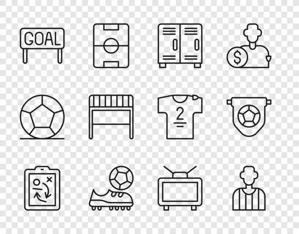 Set line Planning strategy concept, Football or soccer referee, Locker changing room, shoes, Goal football, goal, match TV and flag pennant icon. Vector — Stockvektor