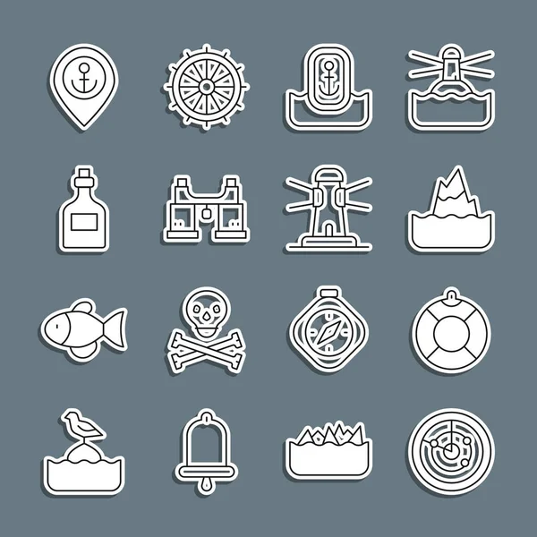 Set line Radar with targets, Lifebuoy, Iceberg, Location anchor, Binoculars, Rum bottle, and Lighthouse icon. Vector — Image vectorielle