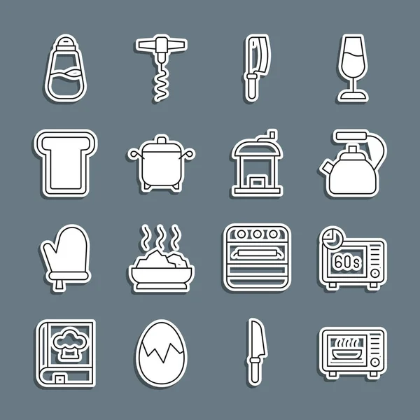 Set line Microwave oven, Kettle with handle, Meat chopper, Cooking pot, Bread toast, Salt and Manual coffee grinder icon. Vector — Stockvector