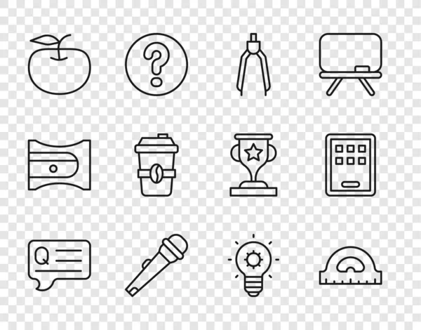 Set line Speech bubbles with Question, Protractor grid, Drawing compass, Microphone, Apple, Coffee cup go, Light bulb and Graphic tablet icon. Vector — Stockvektor