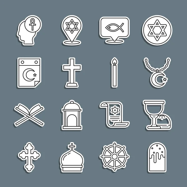 Set line Easter cake, Holy grail or chalice, Star and crescent on chain, Christian fish, cross, Cross ankh and Burning candle icon. Vector Royalty Free Stock Illustrations