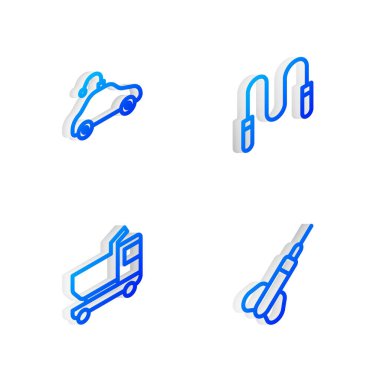 Set Isometric line Jump rope, Radio controlled car toy, Toy truck and Dart arrow icon. Vector