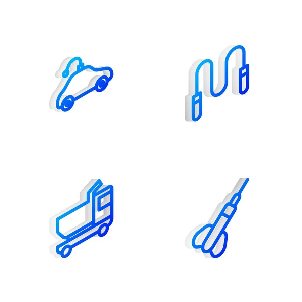 Set Isometric line Jump rope, Radio controlled car toy, Toy truck and Dart arrow icon. Vector — Stockvektor