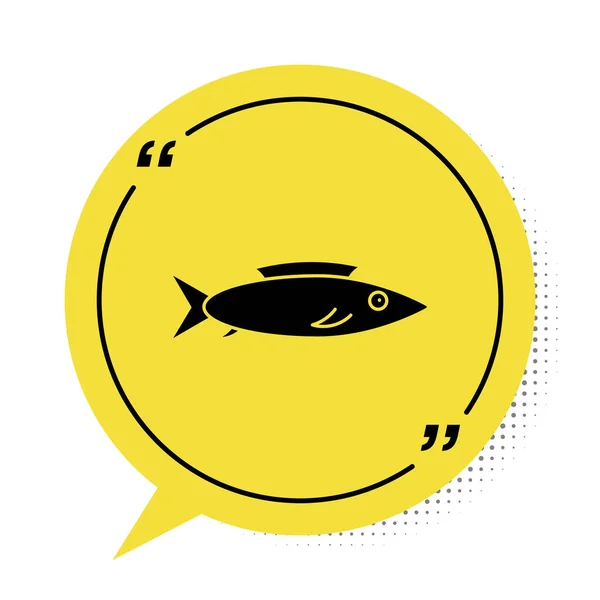 Svart fisk ikon isolerad på vit bakgrund. Symbolen med gula talbubblor. Vektor. — Stock vektor