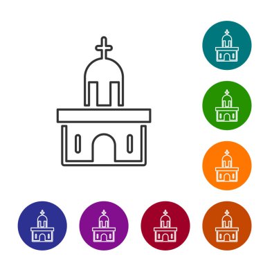 Siyah çizgi kilise binası ikonu beyaz arka planda izole edilmiş. Hıristiyan Kilisesi. Kilisenin dini. Simgeleri renk daire düğmelerine ayarla. Vektör