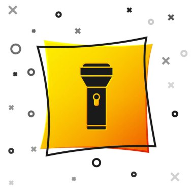 Beyaz arkaplanda siyah el feneri simgesi izole edildi. Sarı kare düğme. Vektör