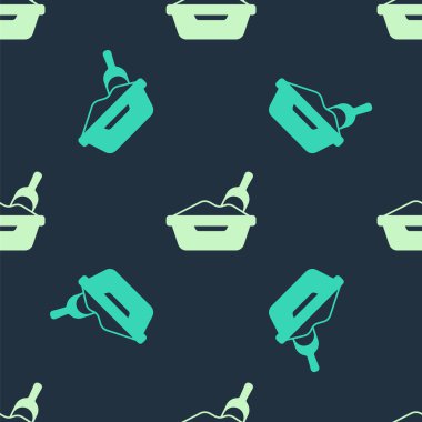 Green and beige Cat litter tray with shovel icon isolated seamless pattern on blue background. Sandbox cat with shovel. Vector
