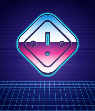 Üçgen simgesinde geçmişe dönük ünlem işareti fütüristik manzara arkaplanını izole etti. Tehlike uyarısı, dikkat, dikkat, tehlike uyarısı önemli bir işaret. 80 'lerin moda partisi. Vektör
