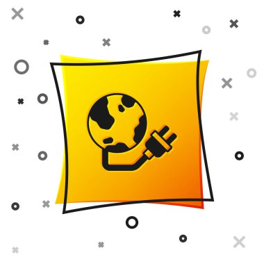 Black Global energy power planet with plug icon isolated on white background. Ecology concept and environmental. Yellow square button. Vector