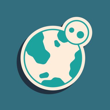 Yeşil Dünya ikonu yeşil arka planda izole edildi. Dünya ya da Dünya işareti. Küresel internet sembolü. Geometrik şekiller. Uzun gölge tarzı. Vektör