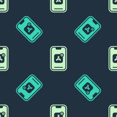 Green and beige Mobile Apps icon isolated seamless pattern on blue background. Smartphone with screen icons, applications. mobile phone showing screen. Vector