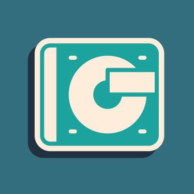 Yeşil arka planda izole edilmiş vinil disk simgesine sahip yeşil Vinil oynatıcı. Uzun gölge tarzı. Vektör