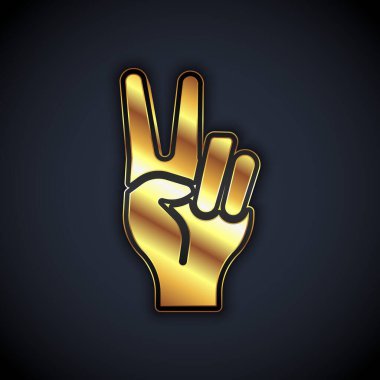 Gold Hand showing two finger icon isolated on black background. Hand gesture V sign for victory or peace. Vector