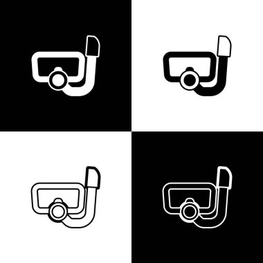 Dalış maskesini siyah ve beyaz arkaplanda izole edilmiş şnorkel simgesiyle ayarla. Olağanüstü bir spor. Su altı ekipmanları. Vektör