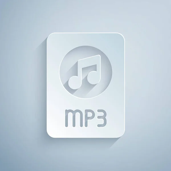 紙はMP3ファイル文書を切り取った。灰色の背景に隔離されたmp3ボタンアイコンをダウンロードしてください。MP3音楽形式の記号。MP3ファイルのシンボル。紙のアートスタイル。ベクトル — ストックベクタ