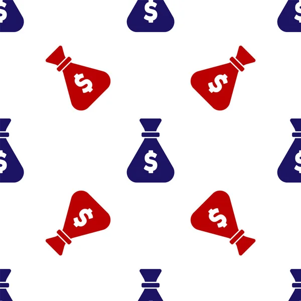 Blue and red Money bag icon isolated seamless pattern on white background. Dollar or USD symbol. Cash Banking currency sign. Vector — Vetor de Stock