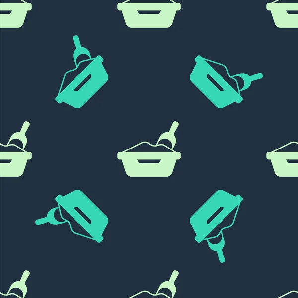 Green and beige Cat litter tray with shovel icon isolated seamless pattern on blue background. Sandbox cat with shovel. Vector — Vettoriale Stock