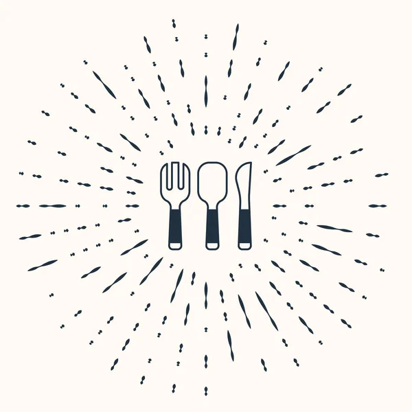 Grey Fork, spoon and knife icon isolated on beige background. Cooking utensil. Cutlery sign. Abstract circle random dots. Vector — Stok Vektör