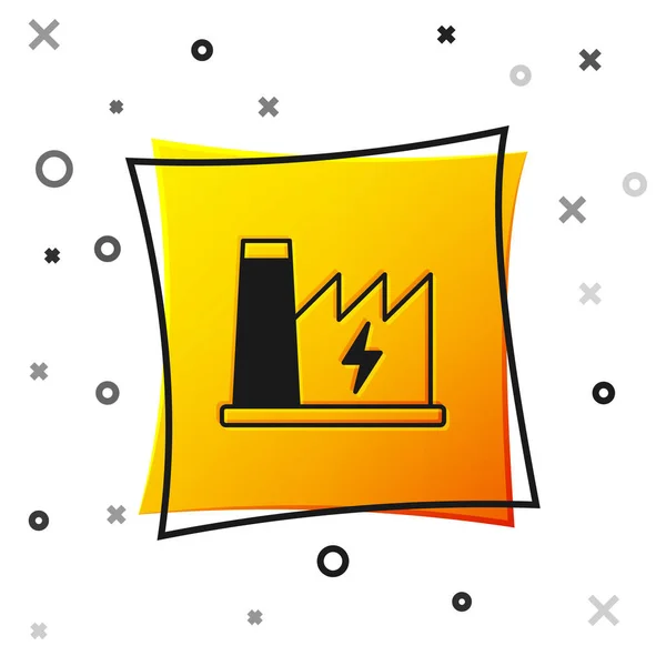 Icono de la central nuclear negra aislado sobre fondo blanco. Concepto industrial energético. Botón cuadrado amarillo. Vector — Archivo Imágenes Vectoriales