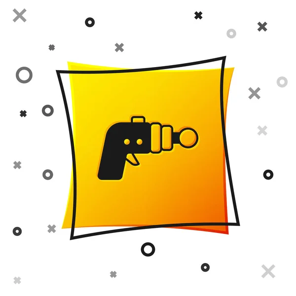 Black Ray gun icon isolated on white background. Laser weapon. Space blaster. Yellow square button. Vector — стоковий вектор