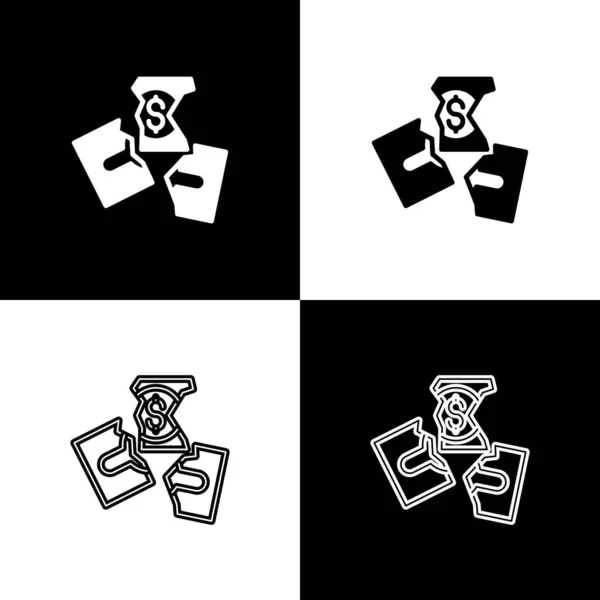 Разорвать денежную купюру на три символа мира, изолированные на черно-белом фоне. Вектор — стоковый вектор