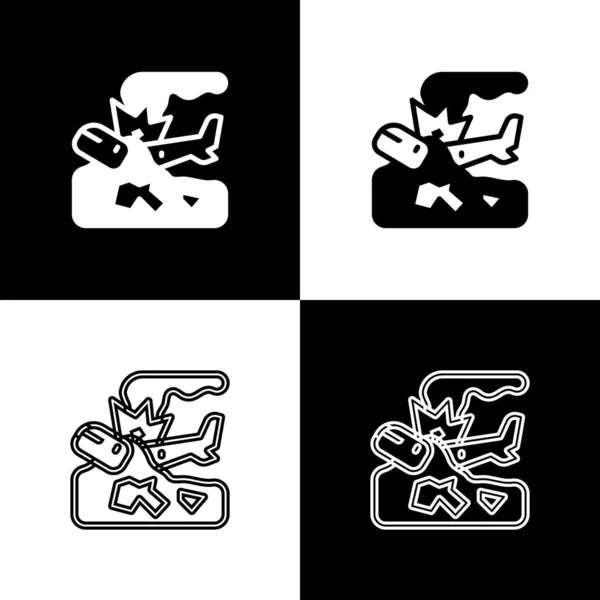 Set Plane crash icon isolated on black and white background. Vector — Stockvektor