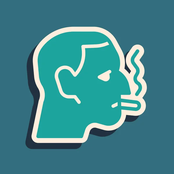 Green Man smoking a cigarette icon isolated on green background. Tobacco sign. Long shadow style. Vector — Vetor de Stock