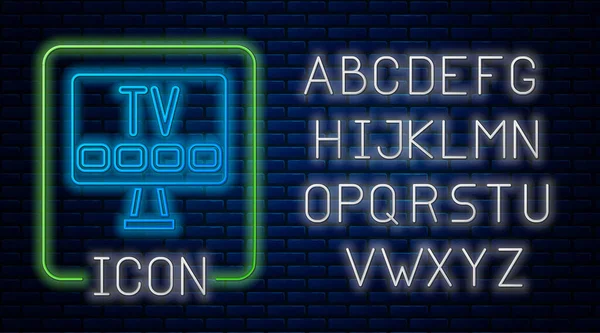 Świecący neon Smart Tv ikona izolowana na tle cegły ściany. Znak telewizyjny. Neonowy alfabet świetlny. Wektor — Wektor stockowy