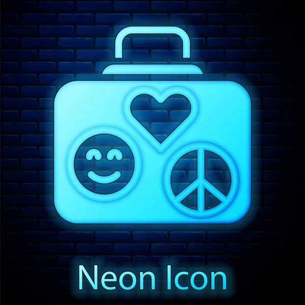 Glowing neon Suitcase for travel icon isolated on brick wall background. Traveling baggage sign. Retro hippie style. Travel luggage icon. Vector —  Vetores de Stock