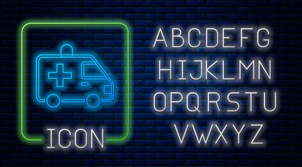 Glowing neon Ambulance and emergency car icon isolated on brick wall background. Ambulance vehicle medical evacuation. Neon light alphabet. Vector — стоковый вектор