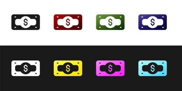 Set Stacks ícone de dinheiro em papel em dinheiro isolado no fundo preto e branco. Dinheiro empilha notas. Moeda de conta. Vetor —  Vetores de Stock