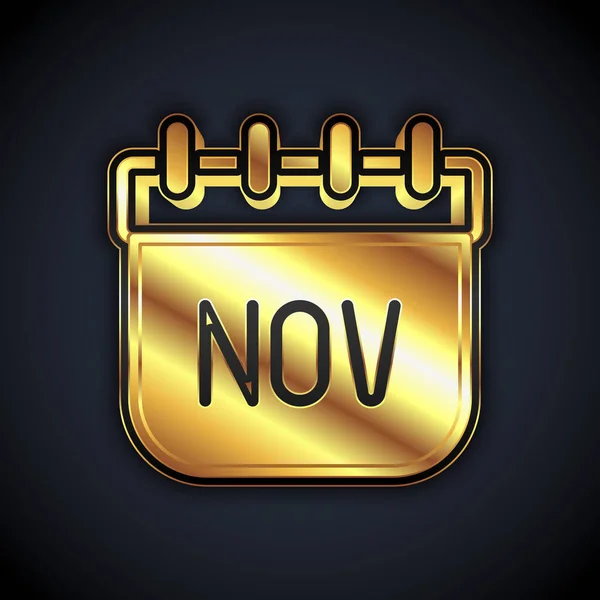 Gold November calendar autumn icon isolated on black background. Vector — Vector de stock