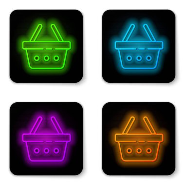 Parlayan neon hattı alışveriş sepeti simgesi beyaz arkaplanda izole edildi. İnternetten satın alma konsepti. Servis tabelası. Alışveriş arabası sembolü. Siyah kare düğme. Vektör İllüstrasyonu