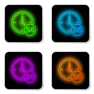 Parlayan neon hattı Clock 24 saat simgesi beyaz arkaplanda izole edildi. Tüm gün döngü simgesi. 24 saat hizmet sembolü. Siyah kare düğme. Vektör