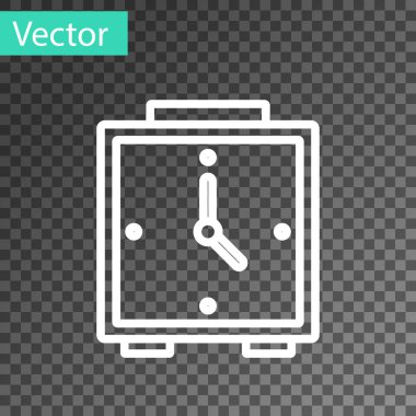 Beyaz çizgi alarm saat simgesi şeffaf arkaplanda izole edildi. Uyan, kalk konsepti. Zaman işareti. Vektör