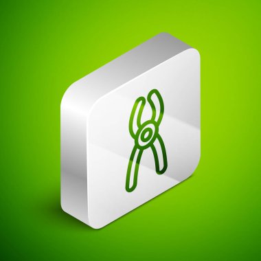 Isometric line Dental pliers icon isolated on green background. Dental equipment. Silver square button. Vector