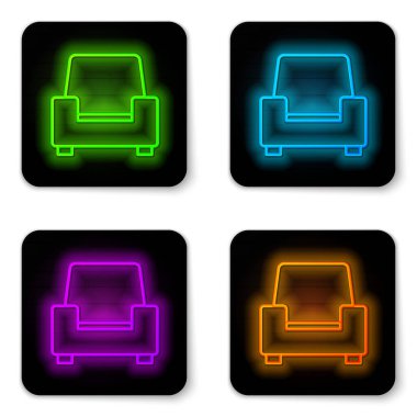 Parlayan neon hattı Armchair simgesi beyaz arkaplanda izole edildi. Siyah kare düğme. Vektör