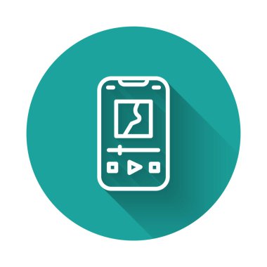 Beyaz çizgi müzik çalar simgesi uzun gölgeli izole. Taşınabilir müzik cihazı. Yeşil daire düğmesi. Vektör