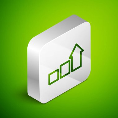 Isometric Line Finansal büyüme ikonu yeşil arka planda izole edildi. Gelirleri arttırıyorum. Gümüş kare düğme. Vektör