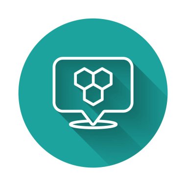 Beyaz çizgi bal arısı konumu haritası pin imleci simgesi uzun gölge arkaplan izole. Çiftlik hayvanı haritası işaretçisi. Yeşil daire düğmesi. Vektör